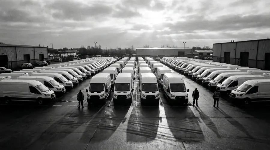 Fleet of service vans lined up at a depot at dawn