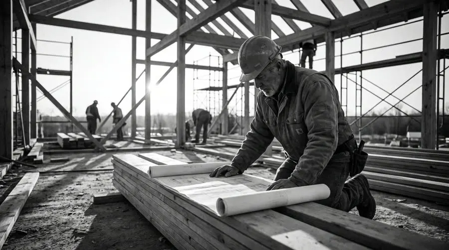 Contractor reviewing plans at a framing site